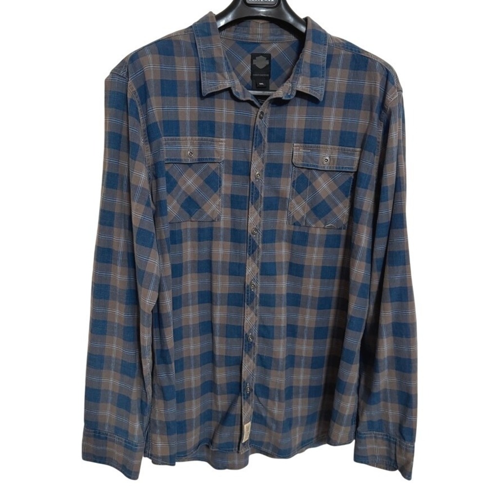 Harley Davidson Button down Shirt Mens 3XL Blue Flannel Long Sleeve Black Label